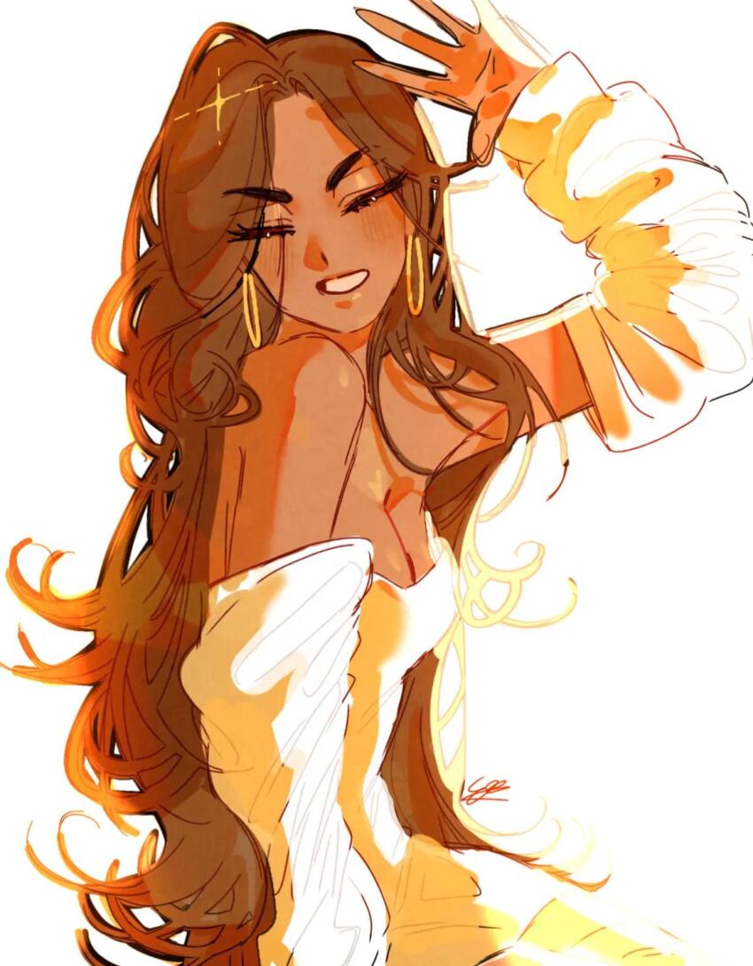 1girl, alien_stage, alternate_costume, breasts, brown_hair, cleavage, closed_eyes, commentary