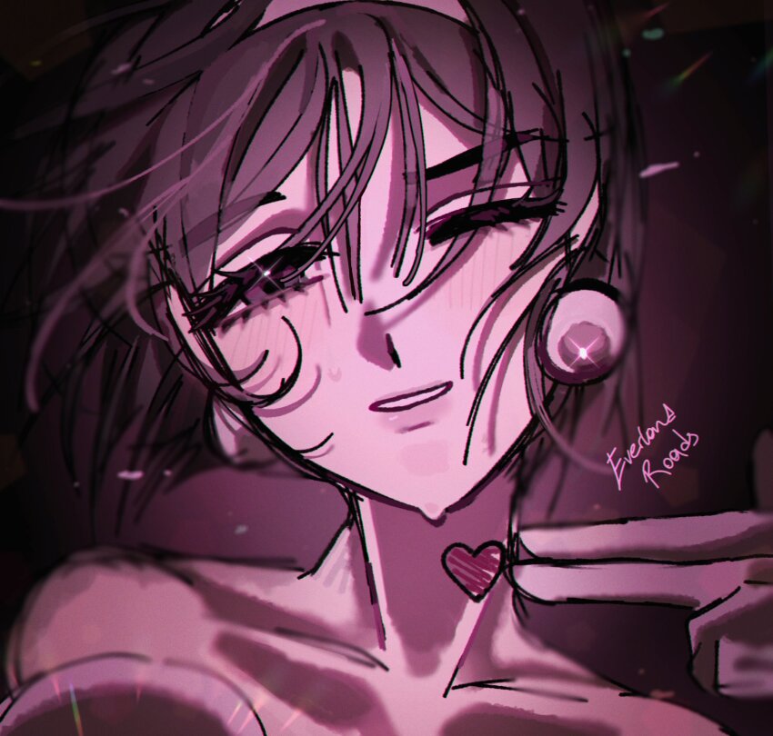 1girl, alien_stage, bare_shoulders, black_hair, collarbone, commentary, earrings, finger_gun