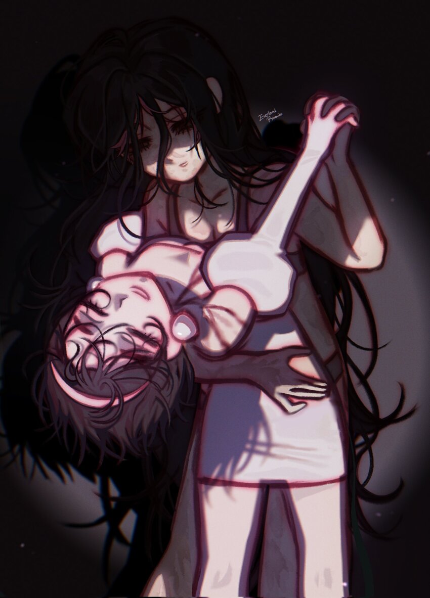 2girls, alien_stage, arm_around_another's_back, black_hair, bra, closed_eyes, commentary, dancing