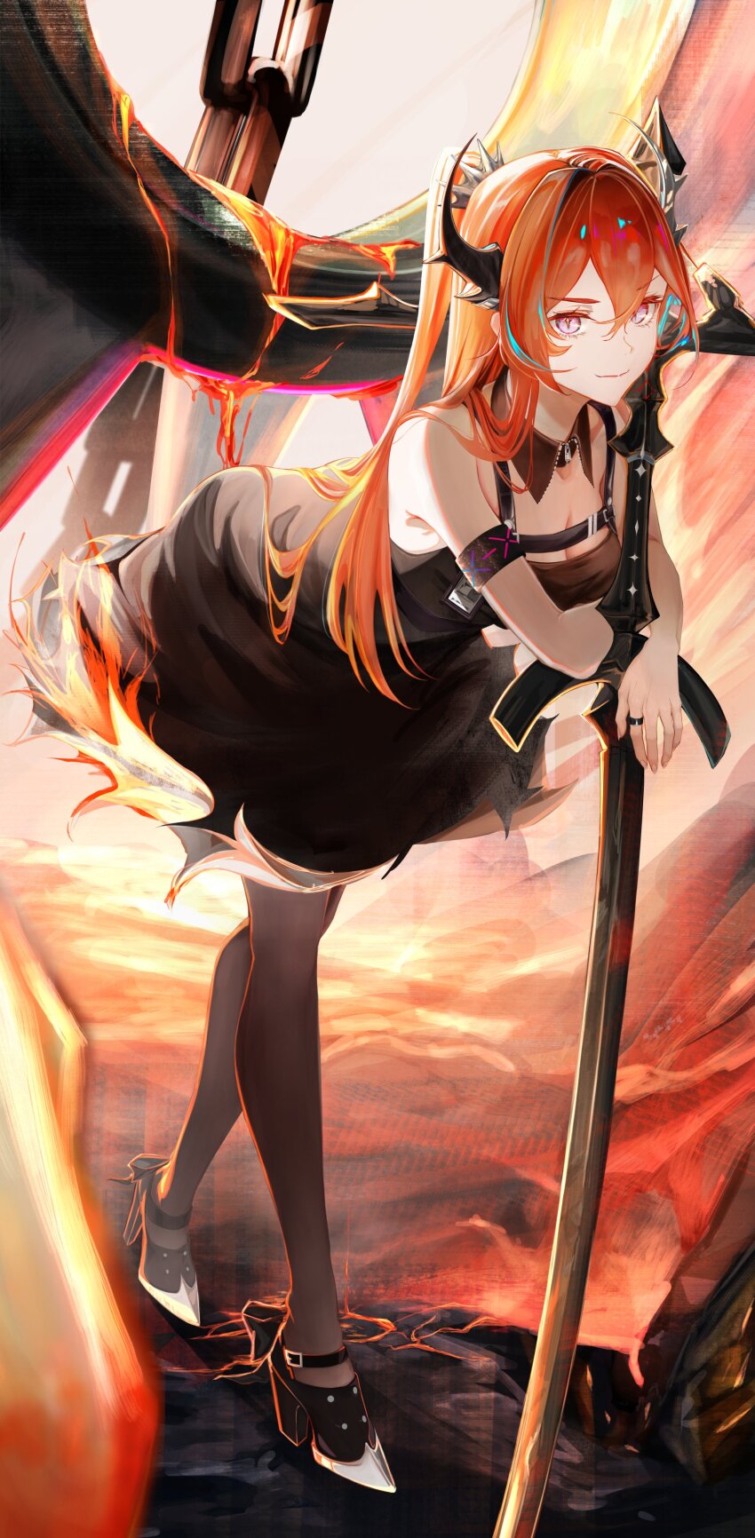 1girl, absurdres, amamiya_(1201hlx), arknights, bare_shoulders, black_dress, black_horns, black_shoes