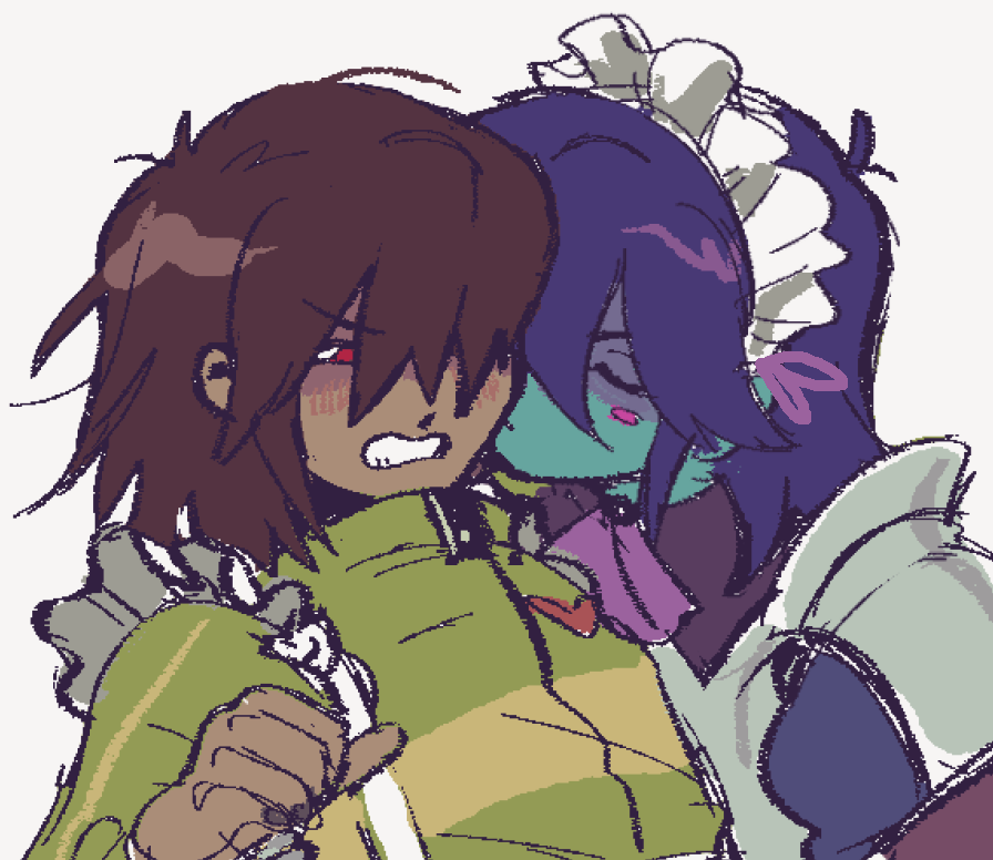 2others, apron, ascot, blue_hair, blue_skin, blush_stickers, brown_hair, colored_skin