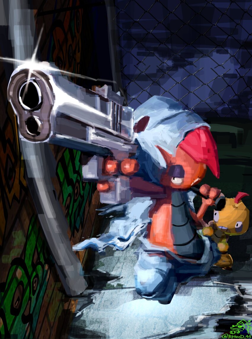 aiming, arm_up, bilingual_commentary, chain-link_fence, commentary, commentary_request, english_commentary, fence, gen_5_pokemon, graffiti, gun, handgun, highres, holding, holding_gun, holding_weapon, looking_to_the_side, mega_pokemon, mega_scrafty, mixed-language_commentary, nintendo, outdoors, pokemon, pokemon_(creature), pokemon_focus, rhond_45, scrafty, scraggy, weapon