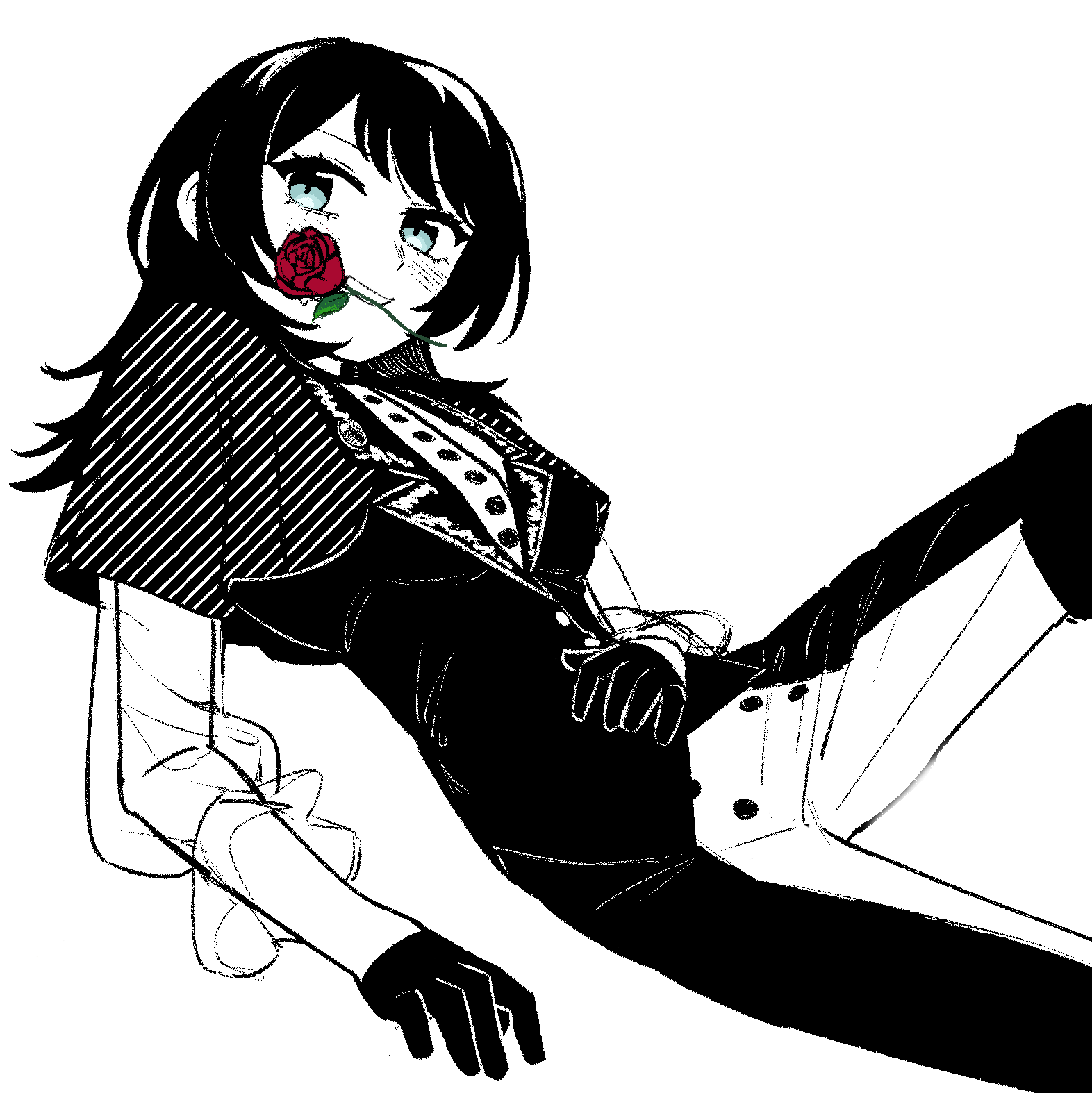 1girl, baiyupiao, bang_dream!, bang_dream!_it's_mygo!!!!!, blue_eyes, blush, capelet, chinese_commentary, commentary_request, flower, flower_in_mouth, gloves, greyscale, highres, long_hair, monochrome, pants, red_flower, red_rose, rose, see-through_clothes, see-through_sleeves, smile, solo, spot_color, timoris_(bang_dream!), two-tone_pants, vest, yahata_umiri