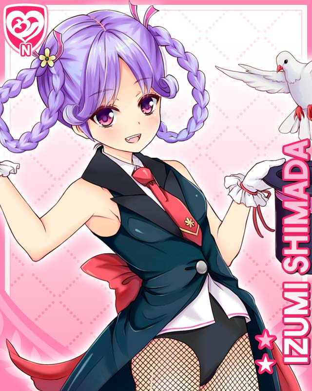 1girl, :d, bare_shoulders, bird, braid, card_(medium), character_name, coattails, dove, fang, fishnet_pantyhose, fishnets, flower, flower_ornament, girlfriend_(kari), gloves, hair_flower, hair_ornament, hat, holding, leotard, leotard_under_clothes, looking_at_viewer, necktie, official_art, open_mouth, pantyhose, pink_background, purple_eyes, purple_hair, qp:flapper, red_necktie, shimada_izumi, shirt, smile, solo, tailcoat, top_hat, twin_braids, white_gloves, white_shirt