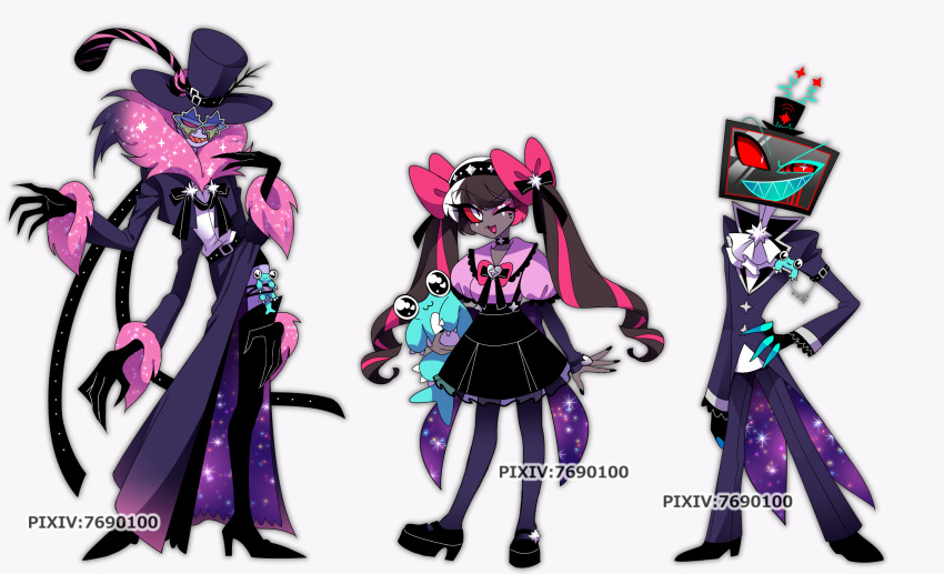 1girl, 2boys, :d, ;3, ;d, arm_at_side, ascot, belt