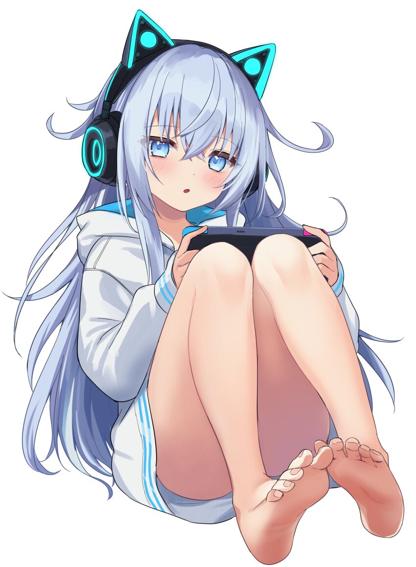 1girl, absurdres, alternate_costume, animal_ear_headphones, animal_ears, bare_legs, barefoot, blue_eyes