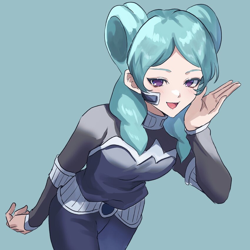 1girl, aqua_background, aqua_hair, beta_(inazuma_eleven), black_bodysuit, blue_pants, bodysuit, commentary, double_bun, hair_bun, highres, inazuma_eleven, inazuma_eleven_(series), inazuma_eleven_go, inazuma_eleven_go_chrono_stone, light_blush, looking_at_viewer, pants, protocol_omega, purple_eyes, shiro_(deucqvhzjb2blzg), smile, solo, untranslatable_commentary