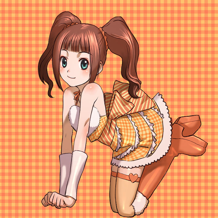 00s, 1girl, blue_eyes, boots, brown_hair, cute_&amp;_girly_(idolmaster), dress, female_focus