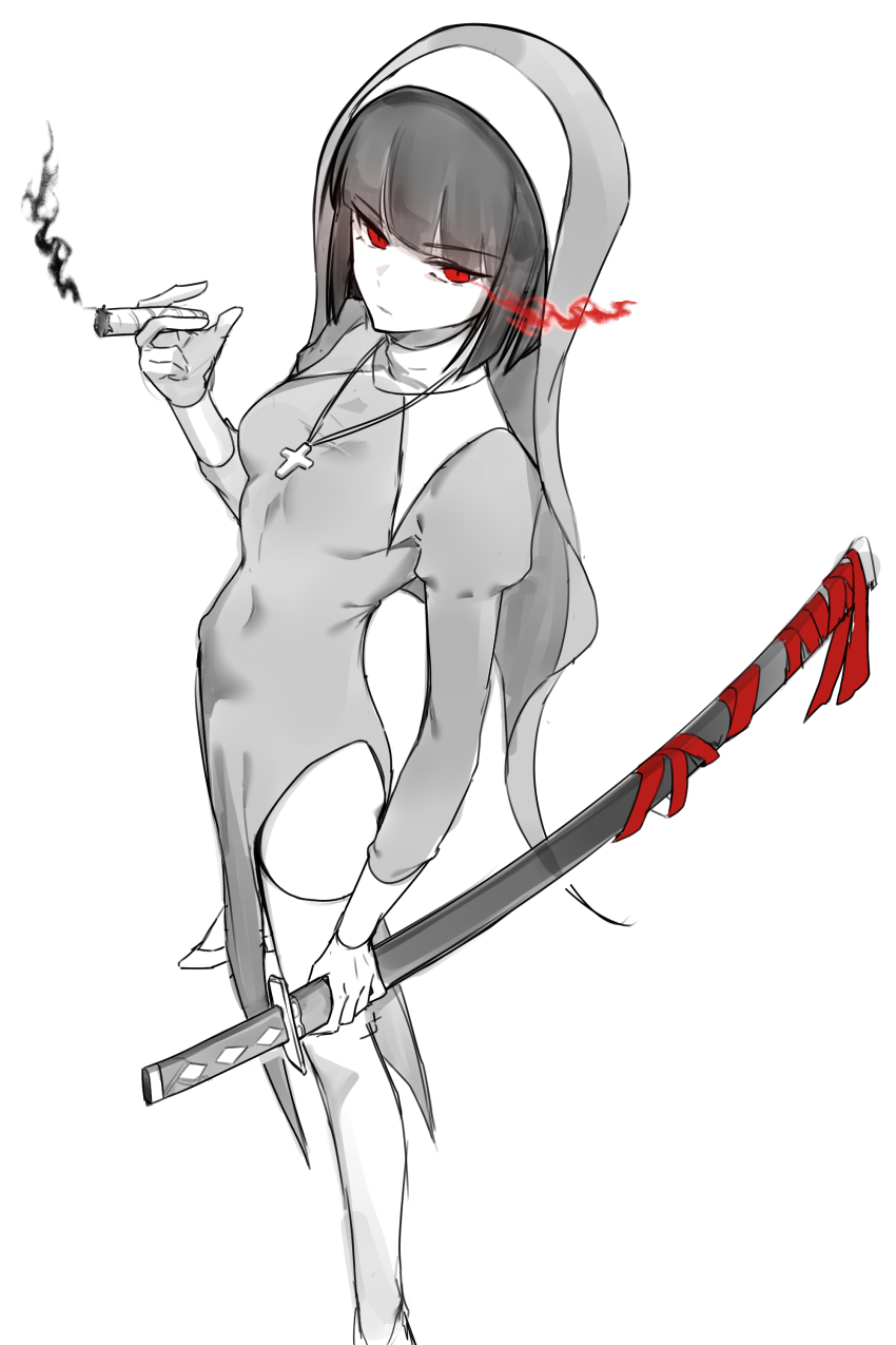 1girl, absurdres, breasts, cigarette, covered_navel, cross, cross_necklace, flaming_eye