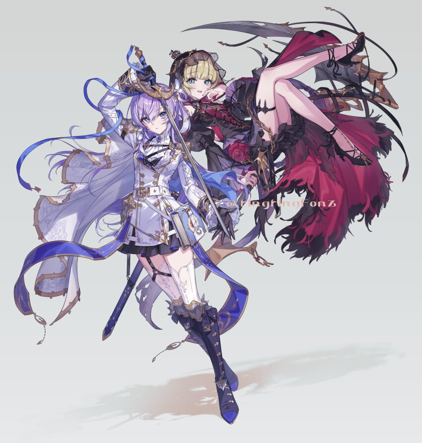 2girls, arm_up, black_dress, black_gloves, black_shoes, blonde_hair, blue_eyes, blue_ribbon