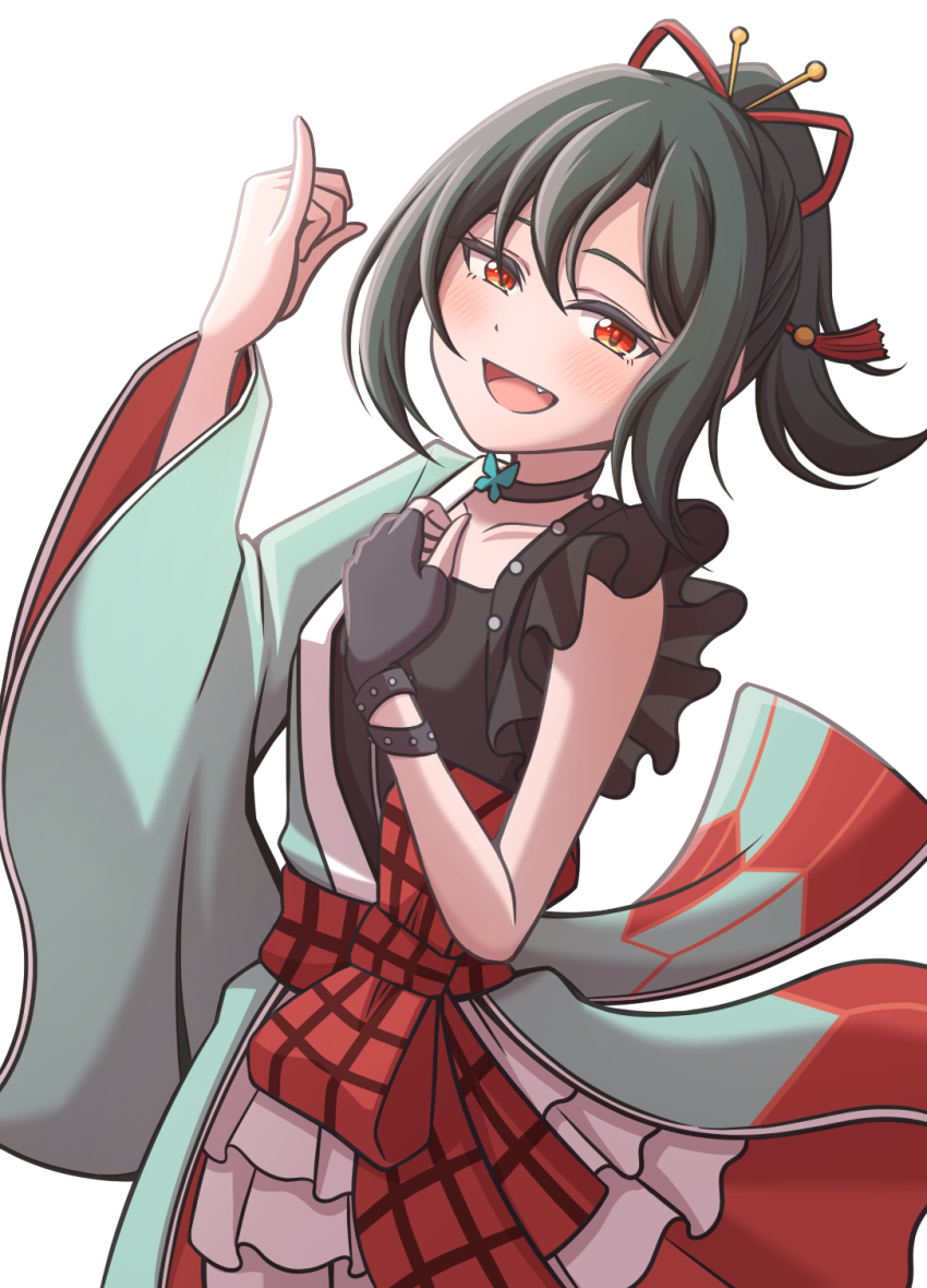 1girl, :d, black_choker, black_gloves, black_hair, black_shirt, blush, bow