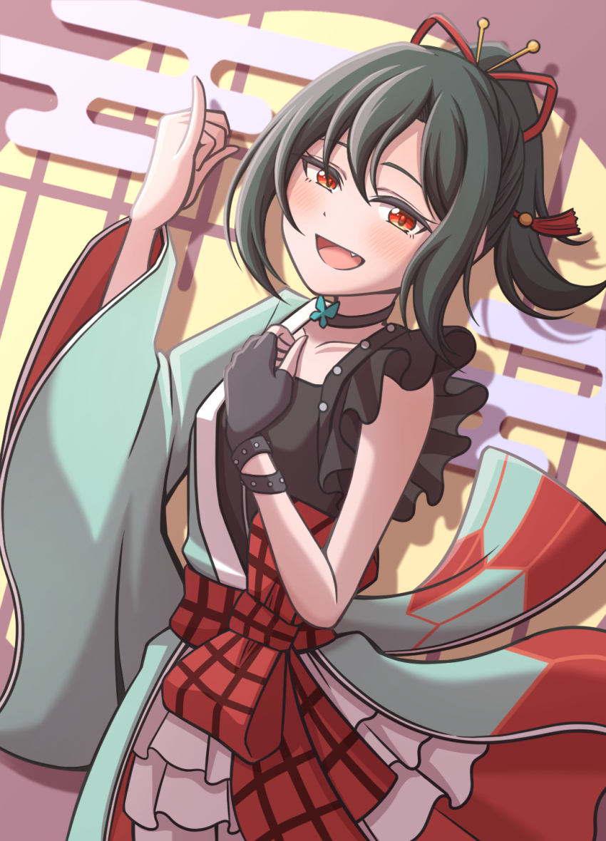 1girl, :d, black_choker, black_gloves, black_hair, black_shirt, blush, bow