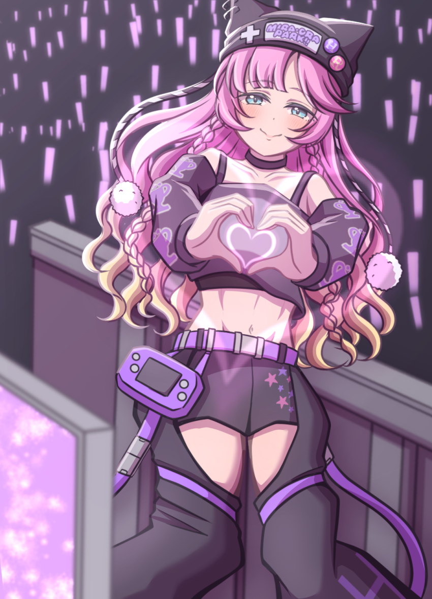 1girl, anyoji_hime, bare_shoulders, belt, black_pants, black_shirt, black_shorts, blonde_hair