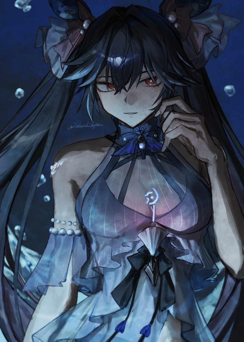 1girl, absurdres, bare_shoulders, black_hair, blue_dress, breasts, bright_pupils, commentary