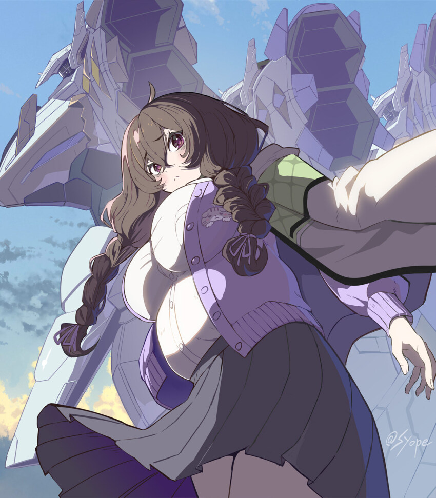 1girl, ahoge, artist_name, blue_sky, braid, breasts, brown_hair, buttons