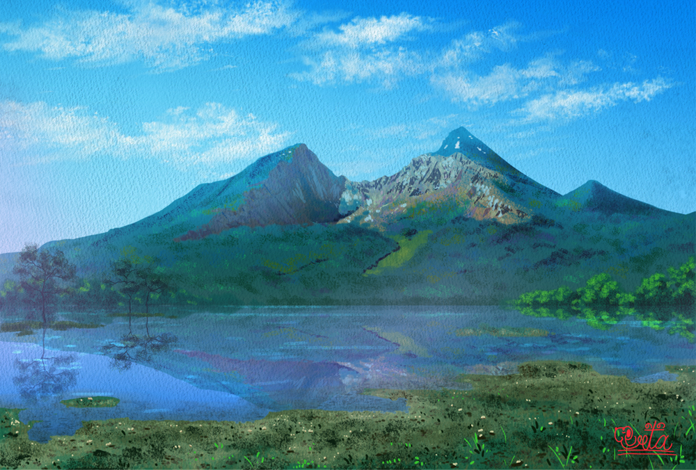 blue_sky, day, fukushima_prefecture, lake, mountain, no_humans, original, outdoors