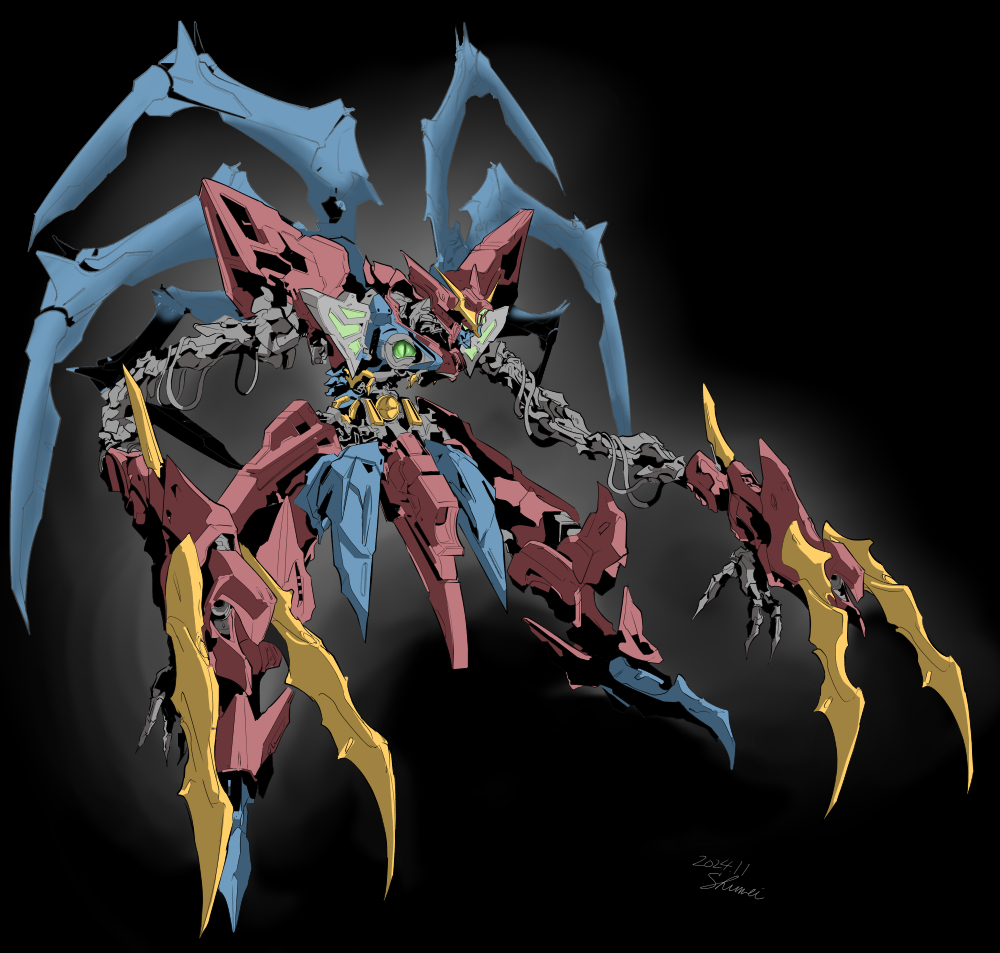 after_war_gundam_x, black_background, commentary_request, dated, green_eyes, gundam, gundam_virsago_chest_break, kurashou_shumei