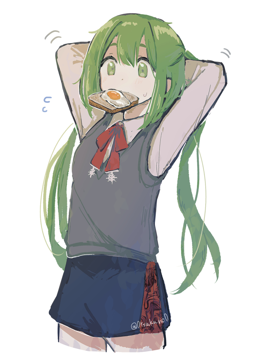 1girl, blush, bread, bread_slice, commentary, egg, egg_(food), food, food_in_mouth, fried_egg, fried_egg_on_toast, gloves, green_eyes, green_hair, highres, holding, kumugi_(madan_no_ichi), long_hair, long_sleeves, madan_no_ichi, mouth_hold, open_mouth, ribbon, shirt, simple_background, skirt, solo, sweatdrop, sweater, untranslatable_commentary, toast, toast_in_mouth, tsukuno, twintails, white_background, witch