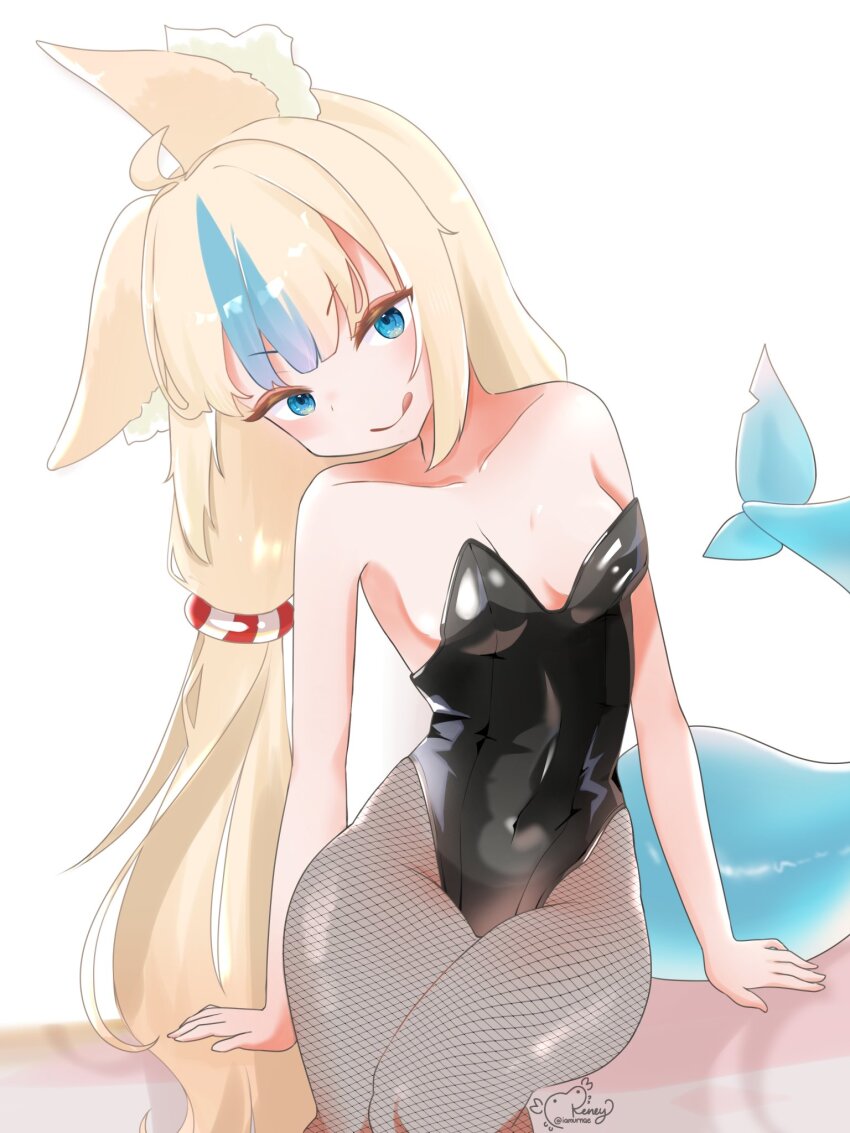 1girl, ahoge, animal_ear_fluff, animal_ears, arm_support, bare_shoulders, black_leotard, black_pantyhose