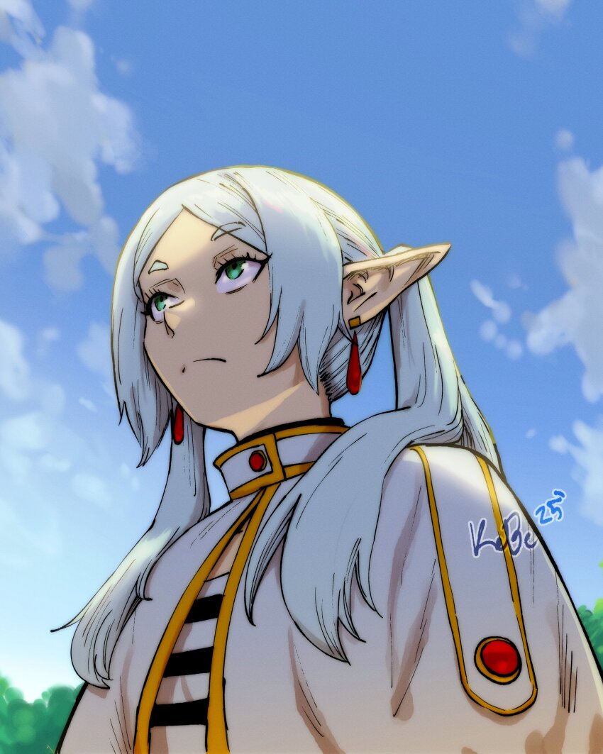 1girl, absurdres, capelet, closed_mouth, dress, earrings, elf, floating_earrings