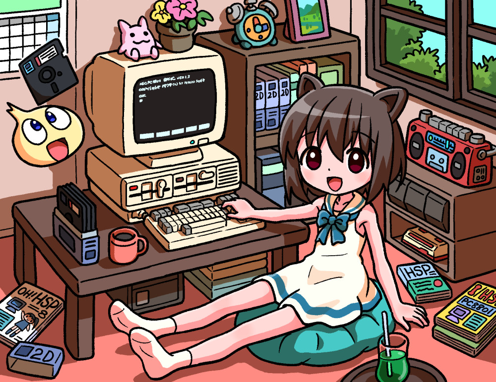 1girl, :d, alarm_clock, animal_ears, blue_bow, blue_bowtie, bookshelf, boombox