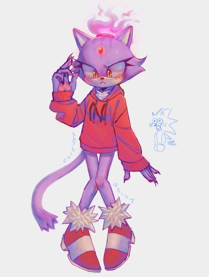 1boy, 1girl, animal_hands, baggy_clothes, bbybluegeist, blaze_the_cat, blush, burning_hair, cat_paws, cat_tail, embarrassed, forehead_protector, frown, furry, furry_female, highres, hood, hoodie, legs_together, nicky_(sonic), purple_fur, red_hoodie, solo_focus, sonic_(series), sonic_the_hedgehog, tail, trembling