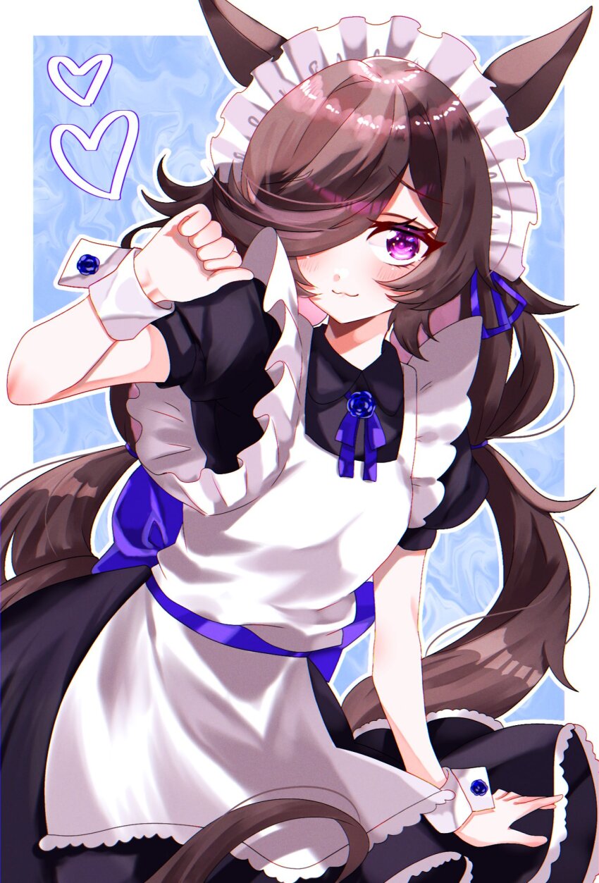 1girl, alternate_costume, animal_ears, apron, black_dress, blue_ribbon, blush, brown_hair
