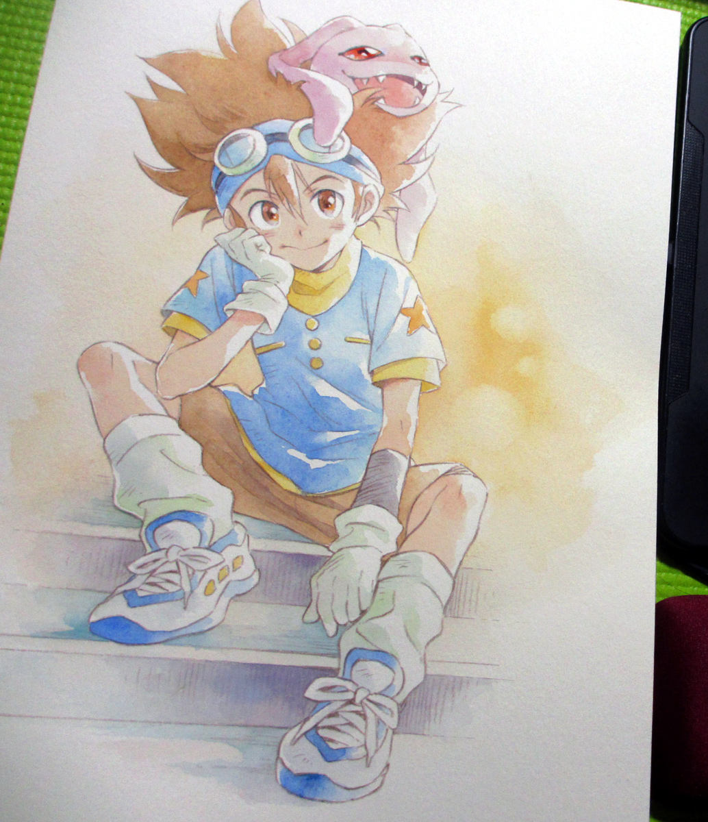 1boy, agahari, blue_headband, blue_shirt, brown_eyes, brown_hair, brown_shorts, child