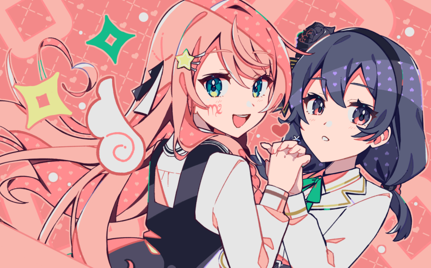 2girls, :d, black_dress, black_flower, black_hair, black_hairband, black_rose, blazer, blue_eyes, braid, character_request, check_copyright, collared_shirt, commentary_request, copyright_request, dotted_line, dress, flower, grid_background, hair_between_eyes, hair_flower, hair_ornament, hairband, hand_up, heart, hiiragi_magnetite, holding_hands, interlocked_fingers, jacket, long_hair, looking_at_viewer, looking_to_the_side, low_twintails, multiple_girls, nou_(nounknown), open_mouth, original, pinafore_dress, pink_background, pink_hair, red_eyes, rose, school_uniform, shirt, sleeveless, sleeveless_dress, smile, star_(symbol), star_hair_ornament, twintails, very_long_hair, virgo_(symbol), vocaloid, white_hair, white_shirt