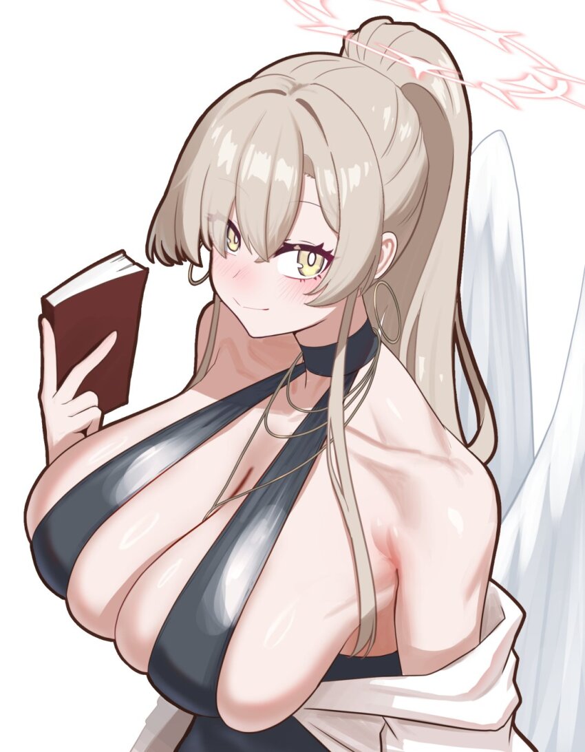 1girl, angel_wings, black_one-piece_swimsuit, blonde_hair, blue_archive, breasts, feathered_wings, halo