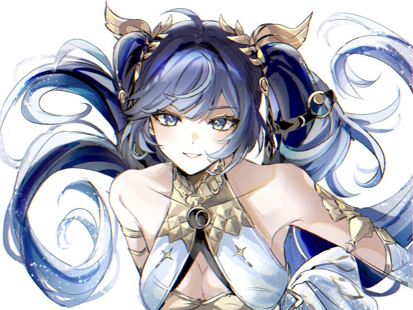 1girl, ahoge, armlet, bare_shoulders, blue_eyes, blue_hair, breasts, cleavage