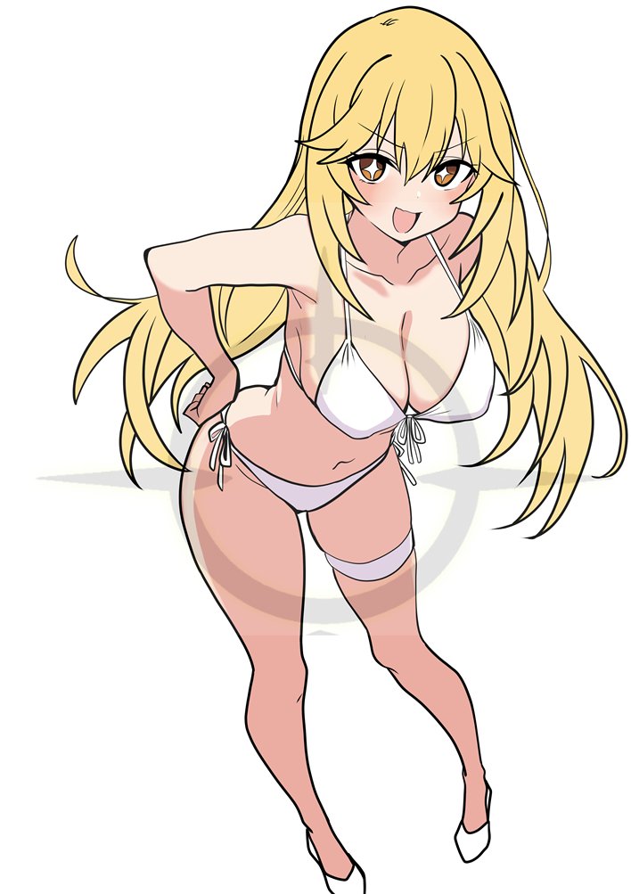 1girl, bare_arms, bare_shoulders, bikini, blonde_hair, breasts, choppy_bangs, cleavage