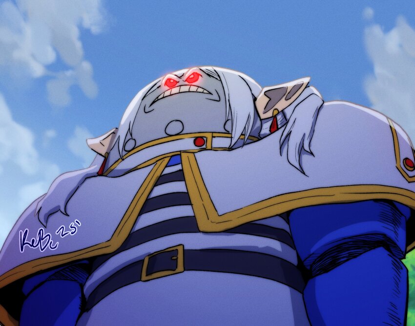 1other, belt, blue_sky, frieren, from_below, fusion, glowing, glowing_eyes, hatemonger_(space_king), highres, meme, outdoors, phelix_kelvin, pointy_ears, sky, solo, sousou_no_frieren, space_king, upward_angle_frieren_drawing_(meme)