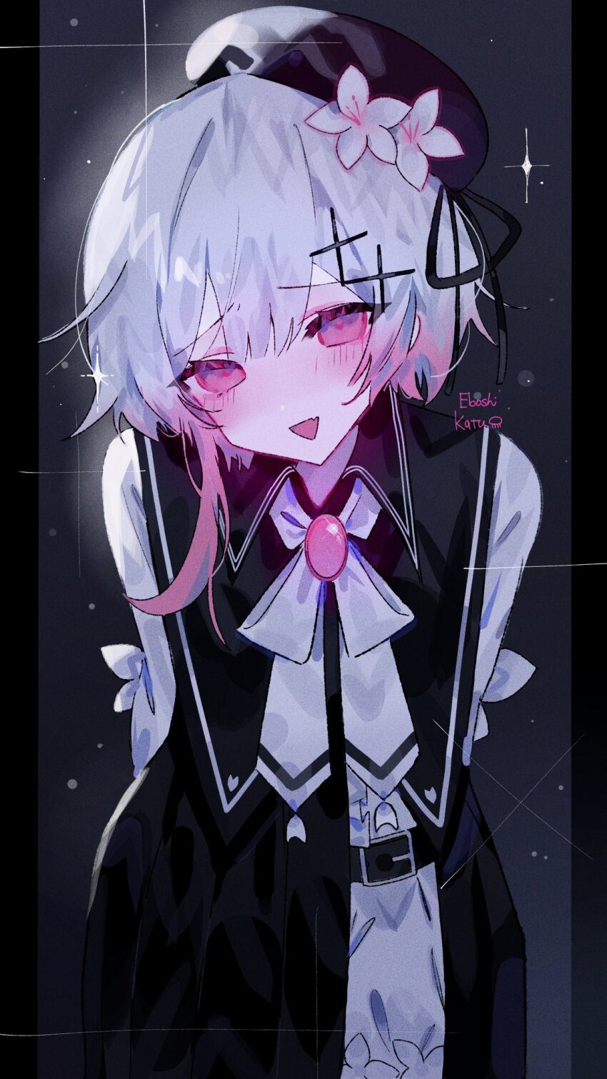 1girl, arms_behind_back, beret, black_background, black_hat, brooch, cherry_blossoms, commentary_request