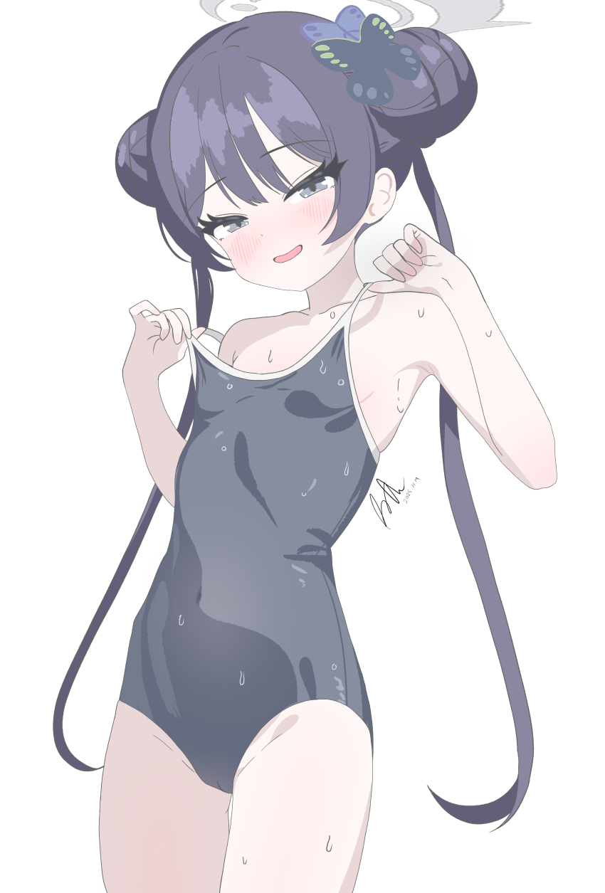 1girl, absurdres, black_hair, black_one-piece_swimsuit, blue_archive, blush, breasts, butterfly_hair_ornament