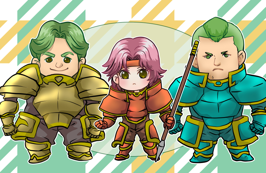 1girl, 2boys, absurdres, aqua_armor, armor, armored_boots, barthe_(fire_emblem), boots