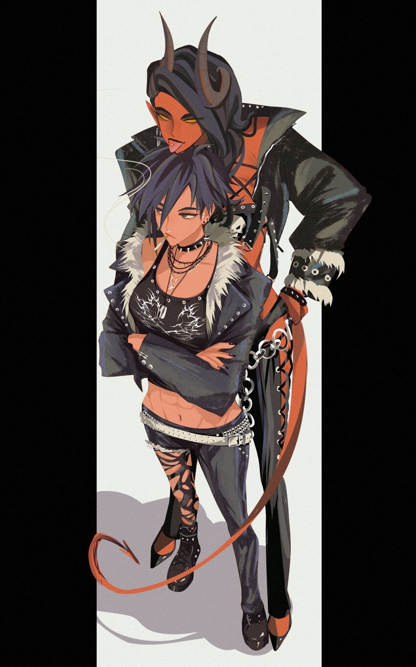 2girls, alternate_costume, asymmetrical_pants, belt, belt_buckle, black_boots, black_hair, black_jacket