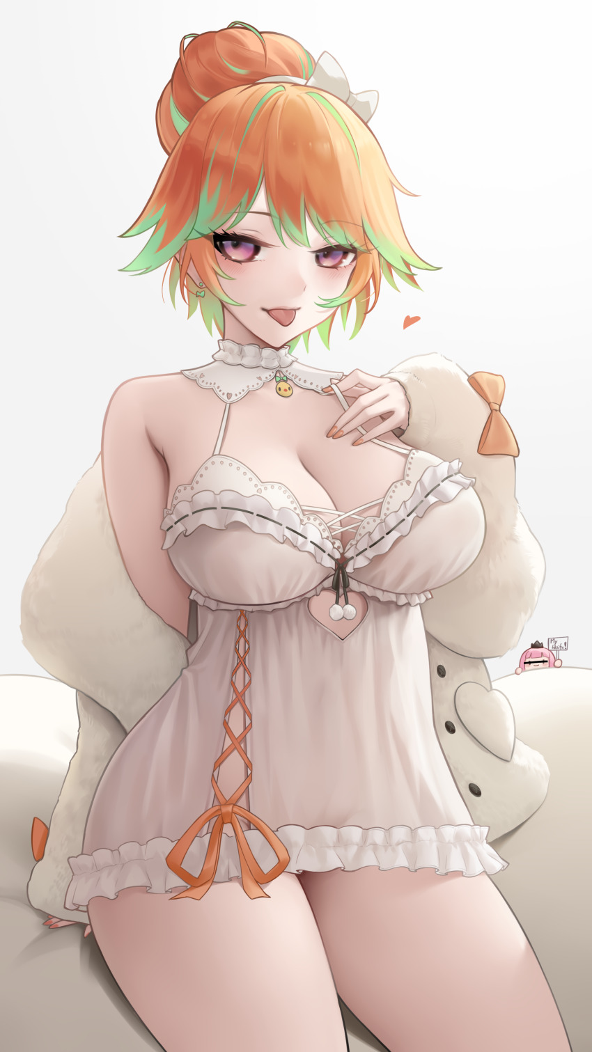 1girl, :p, absurdres, babydoll, bow, bow_earrings, breasts, cleavage