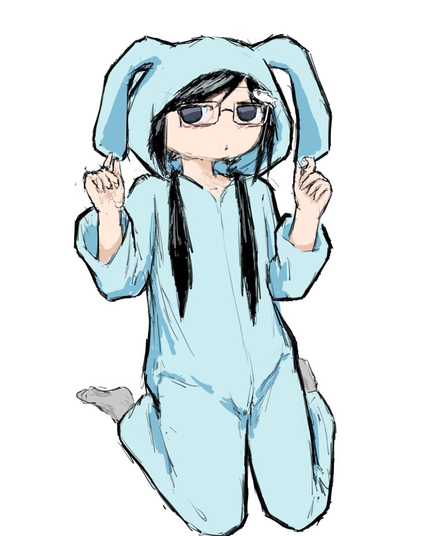 1girl, absurdres, animal_ears, black-framed_eyewear, black_hair, blue_eyes, blue_onesie, blush