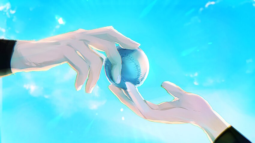 asumi_chikyuu, ball, baseball_(object), blue_sky, commentary_request, hand_focus, highres, holding