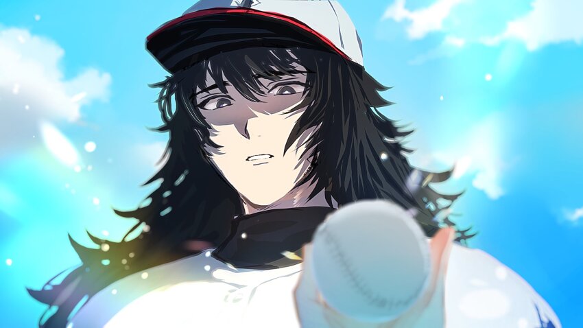 1boy, asumi_chikyuu, ball, baseball, baseball_cap, baseball_jersey, black_eyes, black_hair