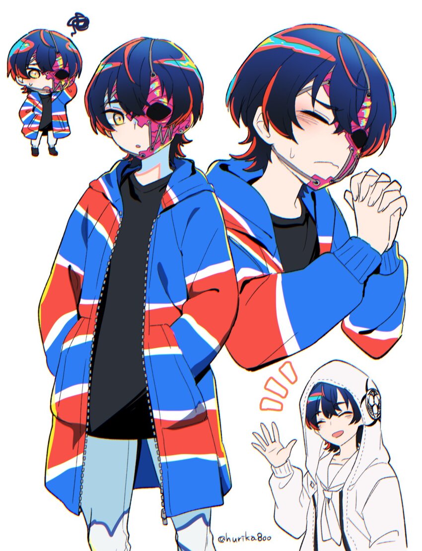 1girl, :o, biohazard_symbol, black_hair, black_shirt, chibi, chibi_inset, coat, commentary, hair_between_eyes, half_mask, hand_in_pocket, hand_up, hands_in_pockets, highres, hood, hood_up, hurika800, looking_at_viewer, mask, multiple_persona, multiple_views, neckerchief, open_clothes, open_mouth, own_hands_clasped, own_hands_together, pants, rei_shimobe, reverse_trap, sailor_collar, shirt, short_hair, shuten_order, simple_background, smile, squiggle, sweatdrop, twitter_username, white_background, white_coat, white_neckerchief, white_pants, white_sailor_collar, white_shirt, yellow_eyes