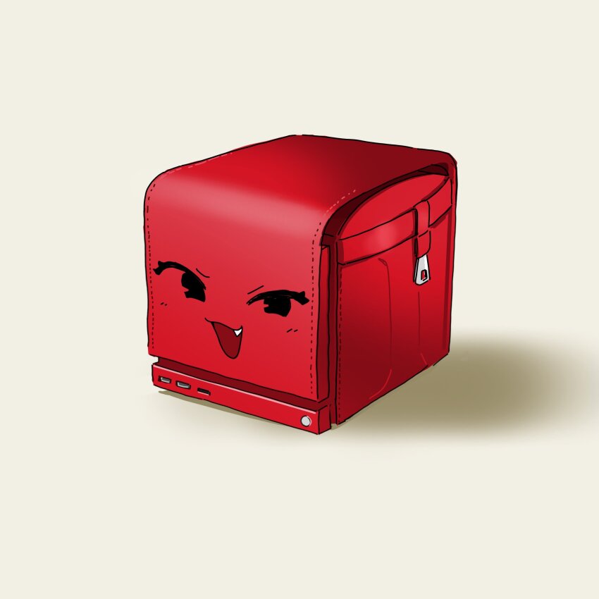 :3, :d, backpack, bag, commentary, computer, cube, english_commentary, fang, game_console, highres, looking_at_viewer, mesugaki, no_humans, object_focus, open_mouth, orenjipiiru, push-button, randoseru, red_bag, shirt, simple_background, smile, steam_(platform), steam_machine, usb, usb_port_(object), valve_corporation, white_background