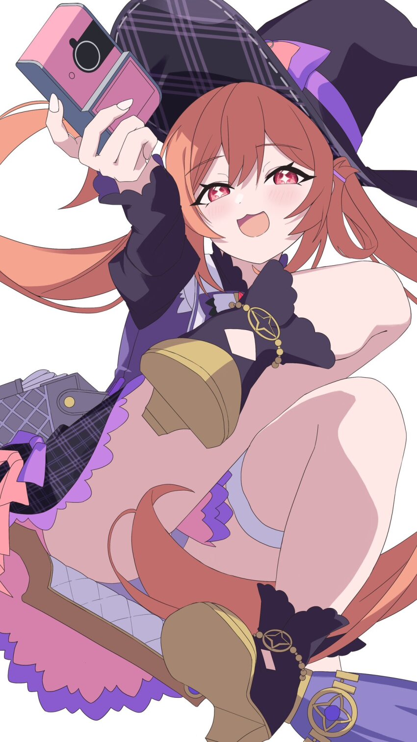 +_+, 1girl, :3, :d, ankle_boots, bag, black_dress, black_hat