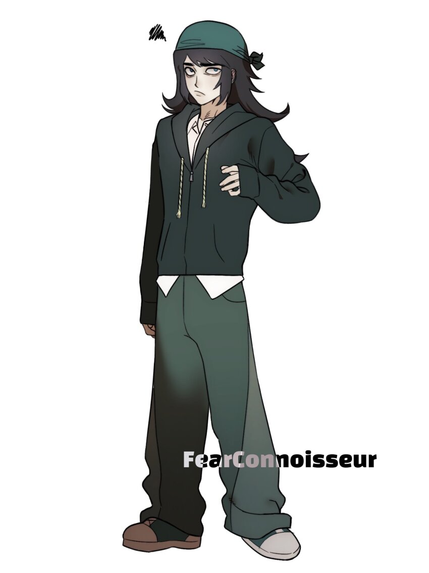1boy, abaddon_(haunted_hotel), aged_up, baggy_pants, black_hair, black_jacket, blue_eyes, fearconnoisseur, hand_up, haunted_hotel, highres, jacket, long_hair, looking_at_viewer, male_focus, pants, simple_background, solo, standing, white_background