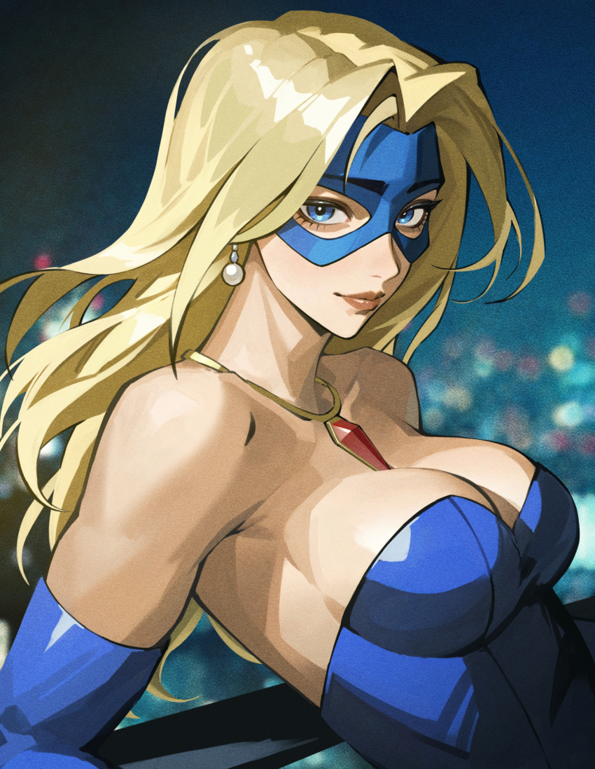 1girl, bare_shoulders, biceps, blonde_blazer, blonde_hair, blue_dress, blue_eyes, blue_gloves, blue_mask, breasts, chinese_commentary, cleavage, commentary, dispatch, dress, earrings, elbow_gloves, eye_mask, gloves, highres, iamc95, jewelry, large_breasts, long_hair, looking_at_viewer, mask, muscular, muscular_female, necklace, parted_bangs, pearl_earrings, pendant, smile, solo