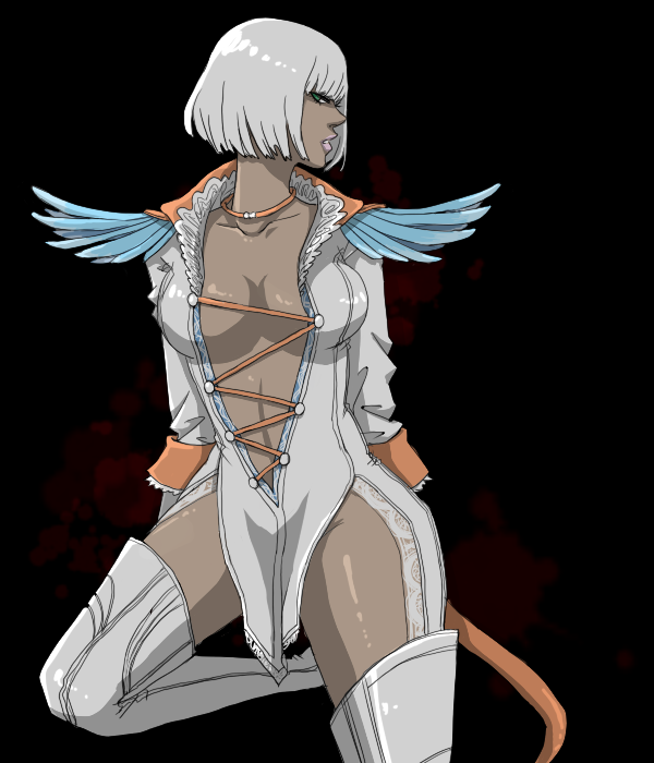 1girl, blue_eyes, breasts, capcom, choker, cleavage, dark-skinned_female, dark_skin, devil_may_cry, devil_may_cry_(series), devil_may_cry_4, female_focus, gloria_(devil_may_cry), guuko, short_hair, solo, thighhighs, trish_(devil_may_cry), white_hair, white_thighhighs