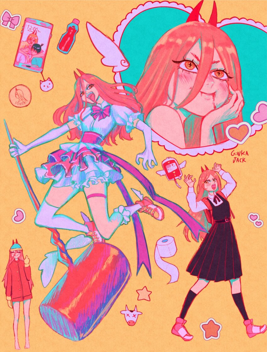 1girl, blonde_hair, blood, blood_bag, blood_on_face, cellphone, chainsaw_man, coin