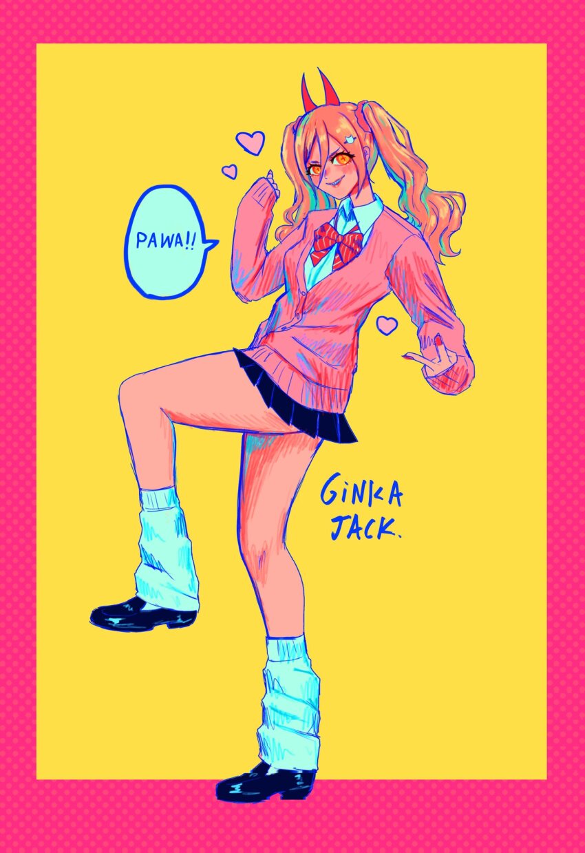 1girl, black_shoes, black_skirt, blonde_hair, border, bow, bowtie, cardigan