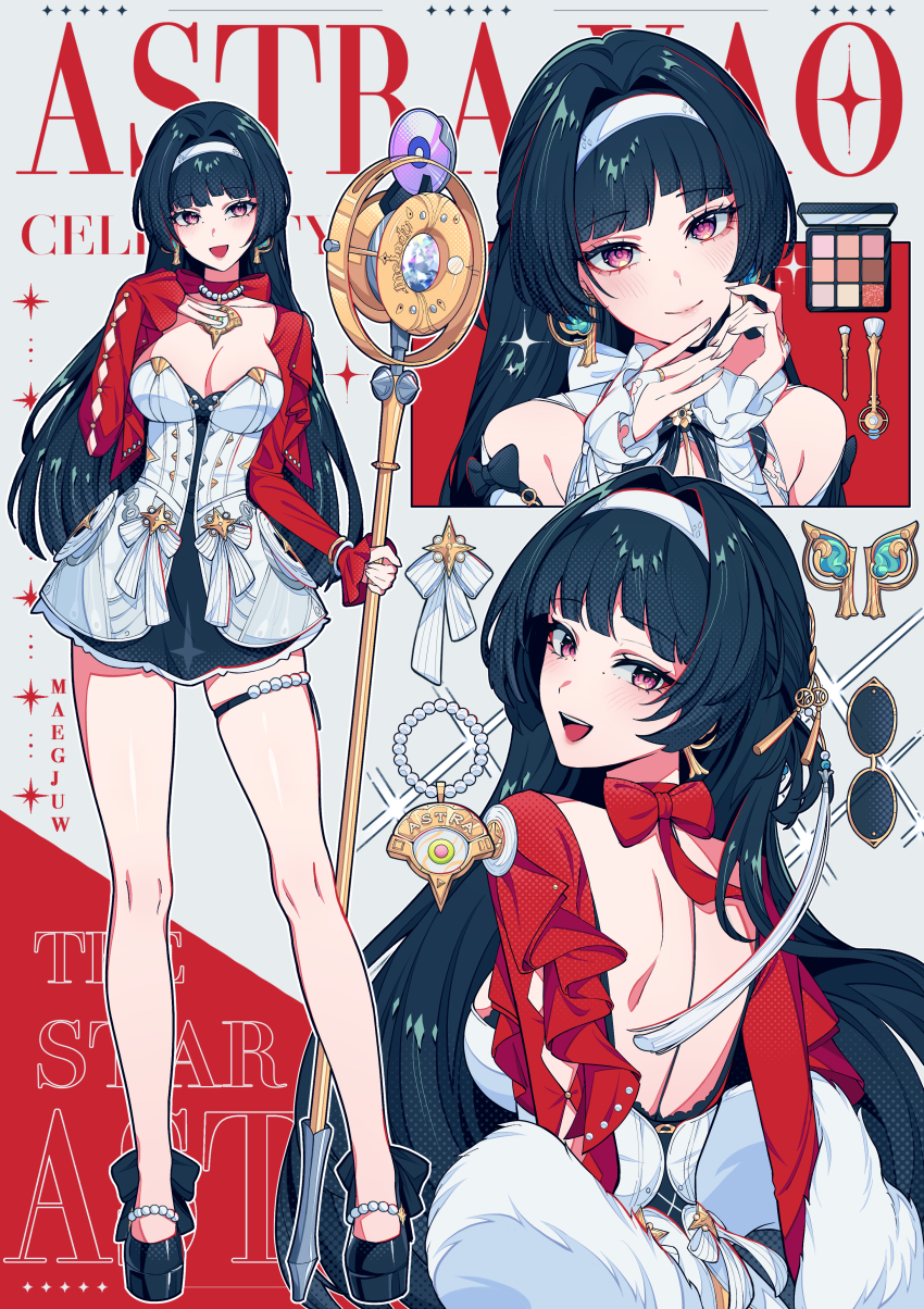 1girl, :d, absurdres, artist_name, astra_yao, black_hair, black_shoes, blunt_bangs